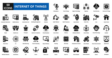 Internet Of Things glyph icon collection set. includes signal, big data, internet, network, technology, smart home, traffic