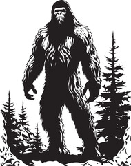 Bigfoot Standing Tall in Forest Silhouette Vector Stylized