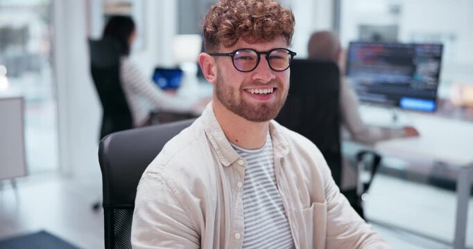 Smile, face and business man at desk for confidence, consultant work or administrator. Happy, professional and portrait of employee in office for career growth, job opportunity or startup company
