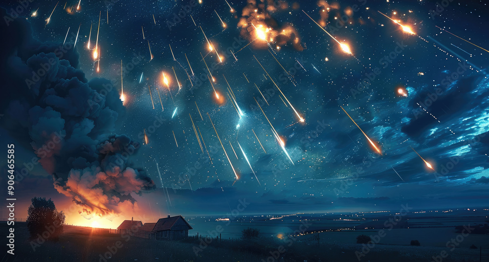 Aufkleber An integrated combination of meteors streaking across the sky with several massive meteor strikes devastating the countryside. Generative AI.