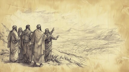 Fototapeta premium Moses and Leaders Gathered Around a Map of Canaan, Biblical Illustration from Numbers, The Boundaries of Canaan, Beige Background, Ideal for Religious Education and Worship Materials