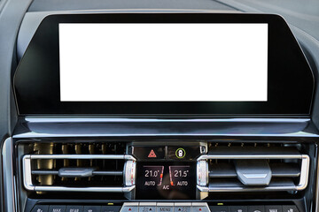 Obraz premium Monitor in car isolated blank screen for navigation maps and GPS rearview camera and parking assistant. Car display with blank white screen for design mock up, copy space.