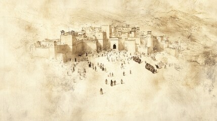 Aerial View of the Ceremony's Secluded Location, Biblical Illustration from Numbers, Beige Background, Perfect for Religious Education and Worship Materials