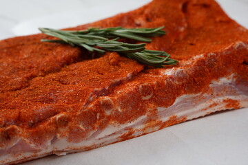 Whole raw pork ribs. Fresh pork meat and ingredients: spices, salt and rosemary on white background