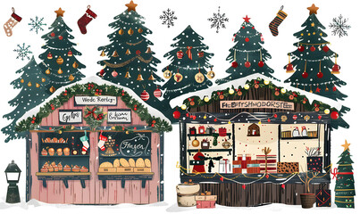 New Year and Christmas card, graphic advertising backgrounds in a doodle 2D illustrator style.
