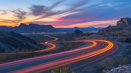colorful light trails on a winding highway at sunset