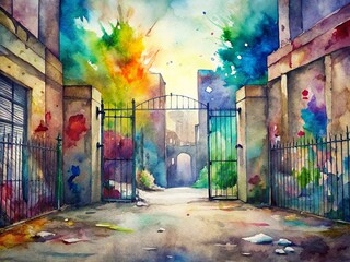 Fototapeta premium Vibrant graffiti adorns crumbling urban buildings, surrounded by rusted gates and faded paint signs, casting a kaleidoscope of colors across the deserted city streets.