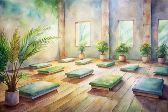 Serenely lit yoga studio with rows of empty mats, blocks, and cushions, awaiting practitioners, amidst calming earth-toned walls and lush green plants in the background.