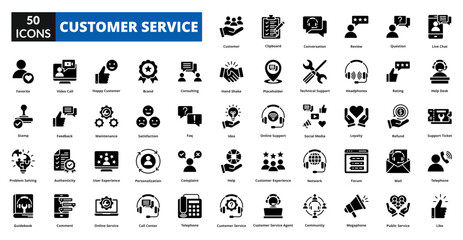 Customer service glyph icon collection set. includes customer, service, support, client, advice, quality, satisfaction, reliable