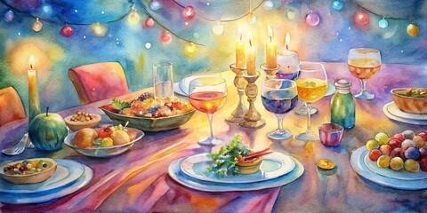 Colorful dinner table setting with delicious food, wine glasses, and empty plates, conveying a sense of joy and togetherness at a festive celebration gathering.