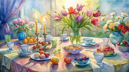 Fototapeta premium Vibrant spring flowers and traditional Easter dishes adorn a beautifully set table, awaiting a joyful multi-generational family gathering for a festive holiday dinner celebration.