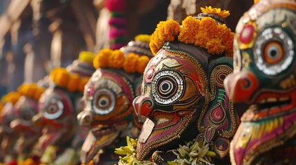 Obraz premium Vibrant Close-Up Shots of Decorated Jagannath Idols at a Temple Festival - Cinematic Documentary Style Photography