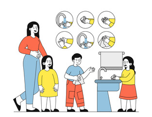 Kids washing hands. Woman teaches boys and girls to wash hands. Cleanliness and personal hygiene. Preventing viruses and diseases. Linear vector illustration