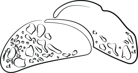 sketch logo for a bakery and two pieces of porous bread, line art
