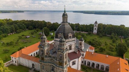 Aerial view of Pazaislis Monastery, a historic building surrounded by greenery in Kaunas, Lithuania