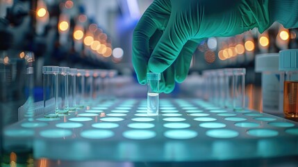 A hands wearing green gloves holding one test tube in front of white and black empty many grid plastic plate with round holes on top, the laboratory equipment is illuminated by blue light.