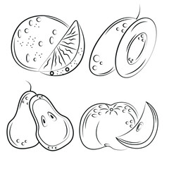 big set of various whole fruits and pieces of fruit in abstract style drawn in black outline, vector