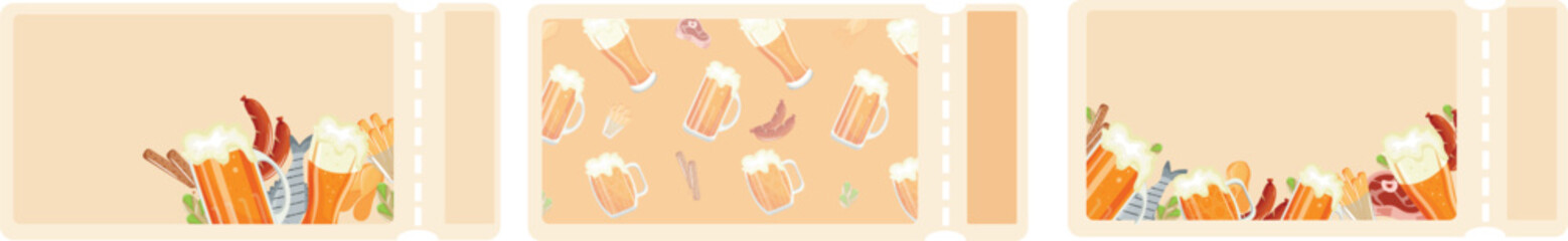 set of oktoberfest or shopping coupon templates with glasses of beer and various snacks arranged in a chaotic order, vector