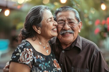 Joyful Latino senior couple enjoying their garden at home. Elderly happiness concept.