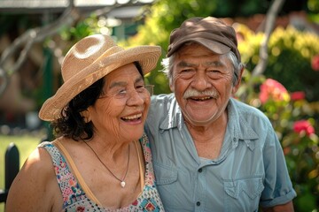 Happy Latino senior couple in their garden at home. Elderly joy concept.