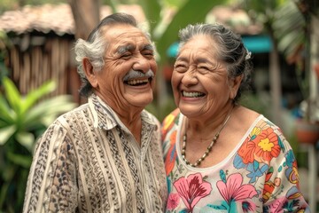 Latino senior couple beaming with happiness in their garden. Elderly concept at home.