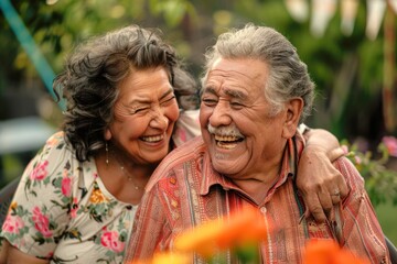 A joyful Latino senior couple enjoying their garden. Concept of elderly happiness and home life.