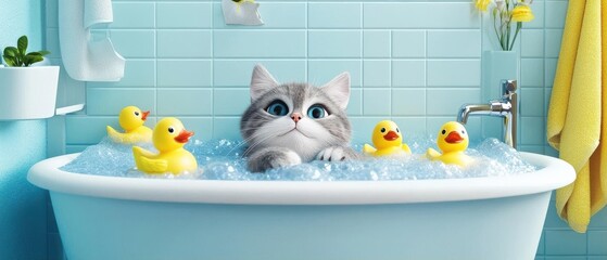 Naklejka premium Cute cat enjoys playful bubble bath with rubber duckies in colorful cartoon bathroom atmosphere