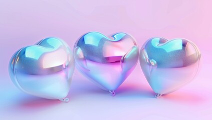 Three iridescent heart-shaped balloons against a soft pink background.