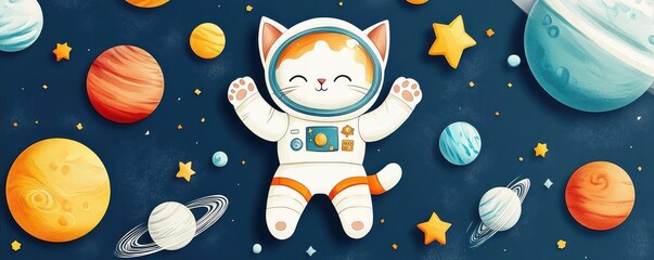 Fototapeta premium Whimsical cat astronaut drifts through a vibrant galaxy, encountering dazzling planets and sparkling stars in a magical adventure