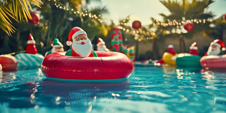 Santa Claus relaxing on inflatable flamingo float in swimming pool surrounded by Christmas ornaments, tropical holiday concept blending winter and summer themes