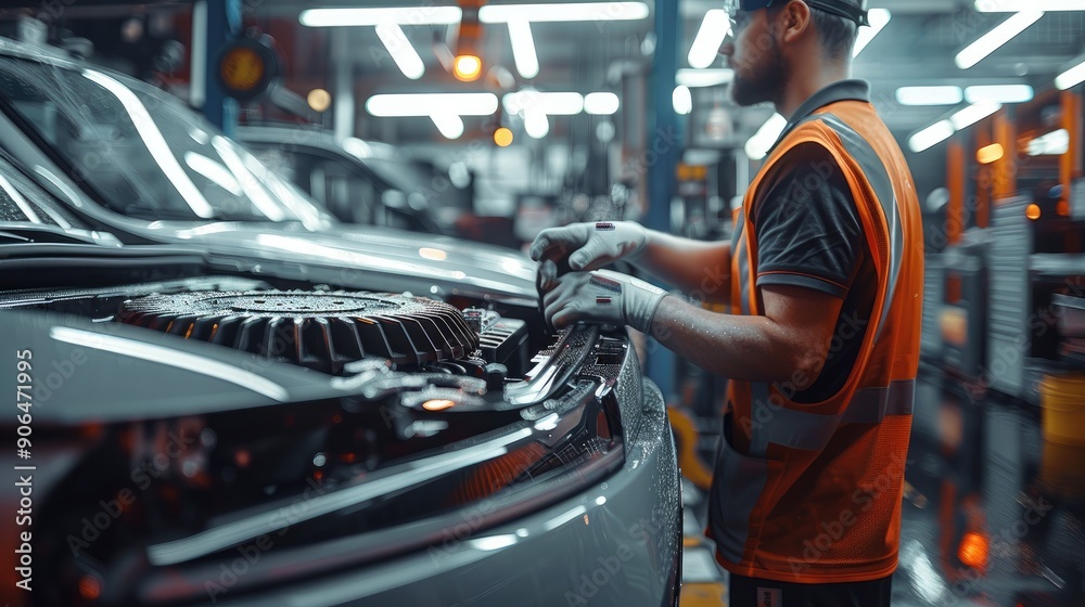 Aufkleber An engineer picked up a car radiator and checking in a delicate workshop. Generative AI.