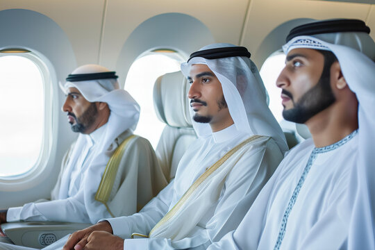 Arab business men in traditional white Kandora dresses during flight in the plane.