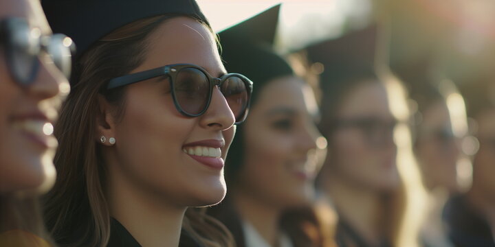 A group of diverse graduates wearing caps and gowns smiles proudly during a graduation ceremony