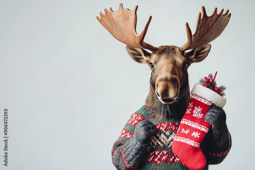 Wall mural moose in a festive sweater holding a red christmas stocking, set against a plain white background. c