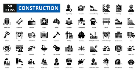 Construction glyph icon collection set. Includes manufacturing, plan, production, structure, construct, tower, build, industry © Zero_wing