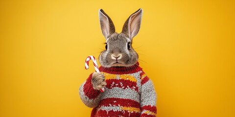 Rabbit in a striped sweater holding a candy cane against a bold yellow background. Happy New Year and Christmas concept, banner with copy space