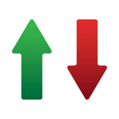 Up and Down sign with green and red arrows vector illustration. Concept of sales bar chart symbol icon with arrow moving down and sales bar chart with arrow moving up.	