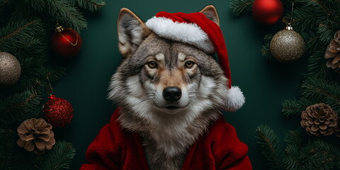 Wolf dressed in a Santa suit surrounded by Christmas decorations and pine branches on a festive green background