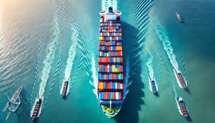 Global Trade: Large Cargo Ship Navigating with Escort Boats in Open Sea