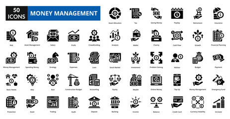 Money Management glyph icon collection set. Includes business, money, finance, investment, banking, financial, management, economy, budget, profit, income