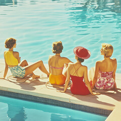 family in the pool retro style 