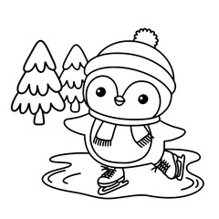 Penguin ice skating on a frozen pond. Cute hand drawn outline illustration. Bold and easy coloring page drawing.