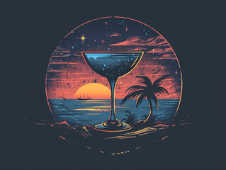 a cocktail glass and in the background is a small tropical island with a palm tree and a sunset in the style of a retro t-shirt