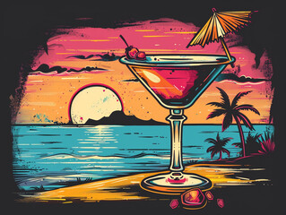 a cocktail glass and in the background is a small tropical island with a palm tree and a sunset in the style of a retro t-shirt