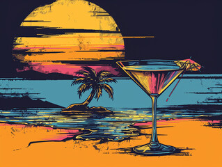 a cocktail glass and in the background is a small tropical island with a palm tree and a sunset in the style of a retro t-shirt