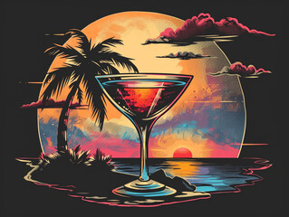 a cocktail glass and in the background is a small tropical island with a palm tree and a sunset in the style of a retro t-shirt