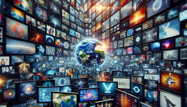 A large number of video screens displaying a variety of content demonstrate the focus on video streaming.