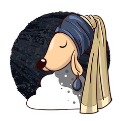 A sheep in the image of the Girl with a Pearl Earring. A masterpiece of painting in the form of an animal. Funny sheep and art history. T shirt design. 