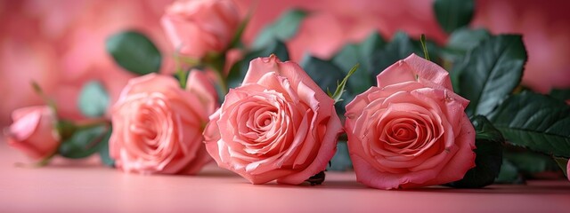 Pink roses on a white table with copy space