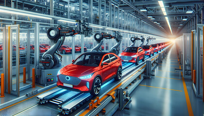 A modern automobile factory with red cars lined up on the assembly line.